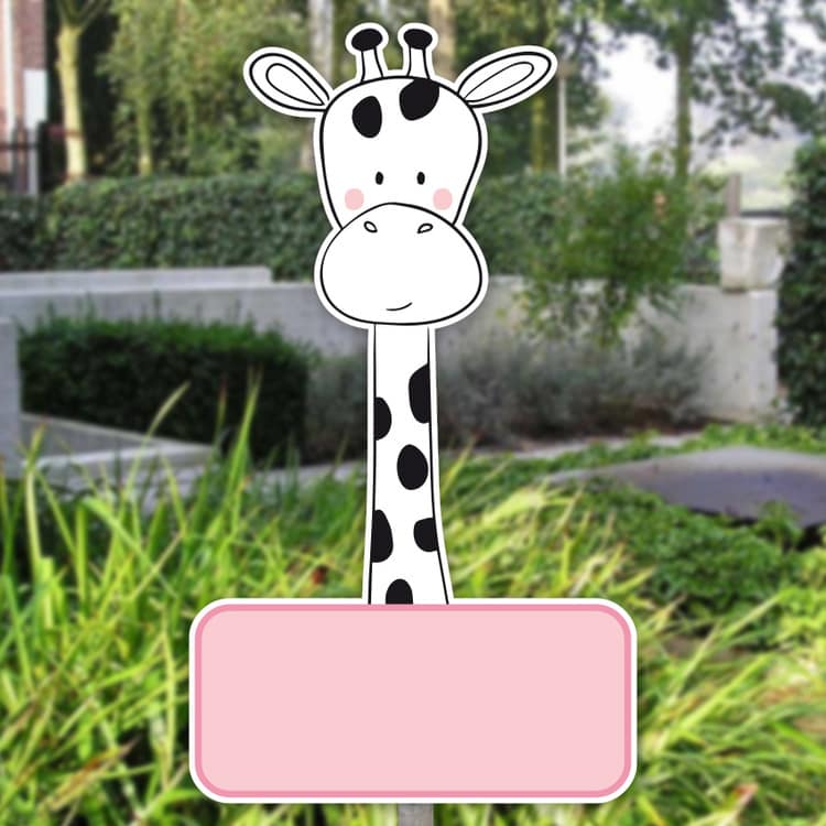 Vereniging elk groei Geboortebord tuin :: Bekende figuren :: Geboortebord tuin lieve giraffe op  roze naambordje